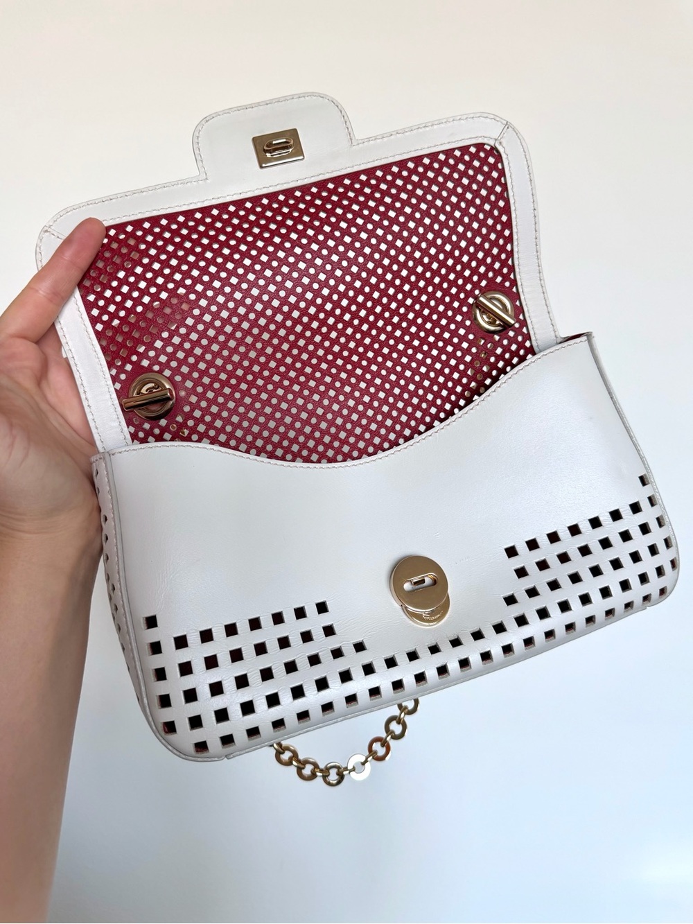 Salvatore Ferragamo Gancini Perforated Leather Chain Shoulder Bag - Picture 8 of 15